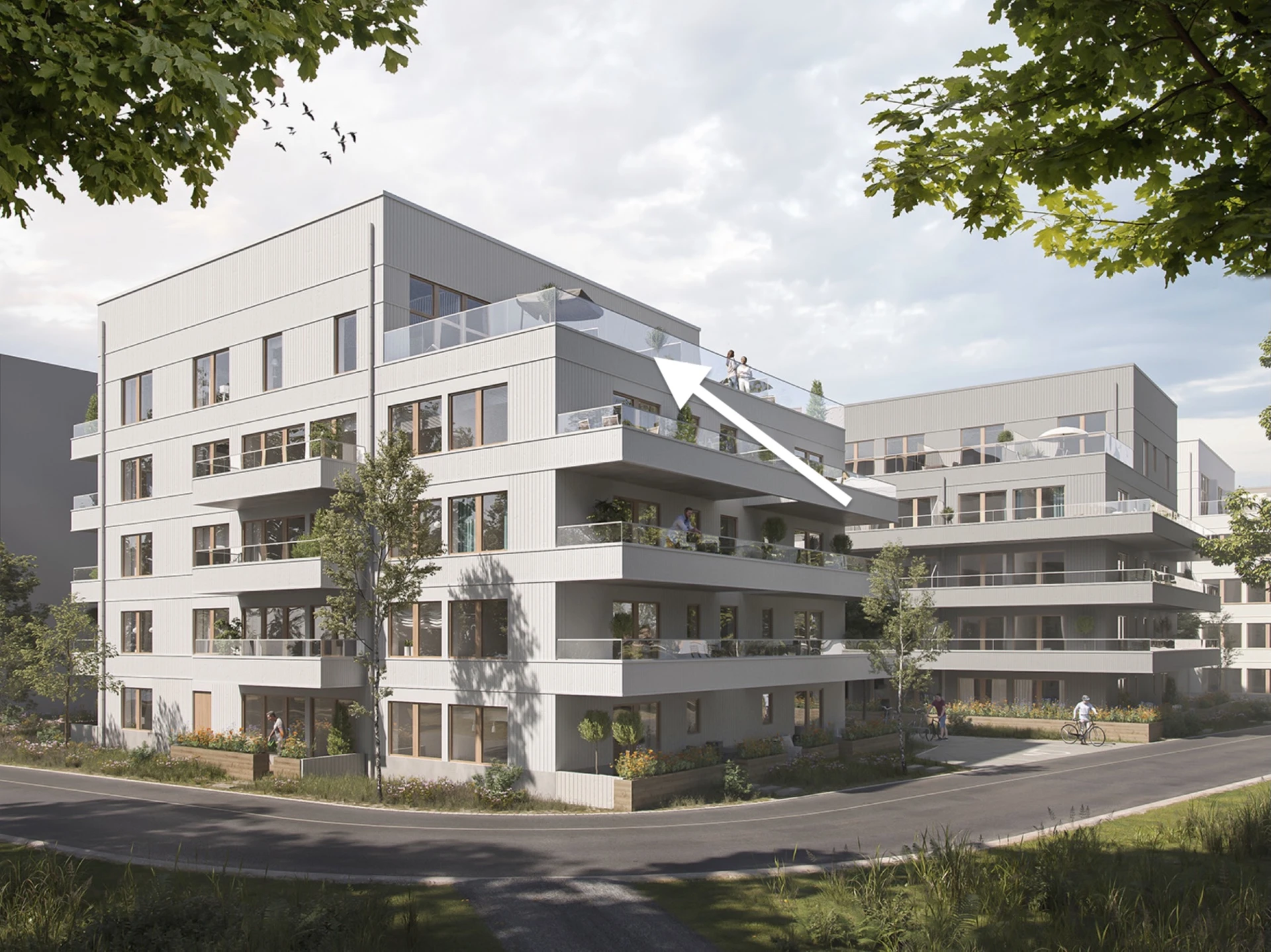 Illustrationsbild, pilen visar takterrassens läge som vetter mot vattnet
