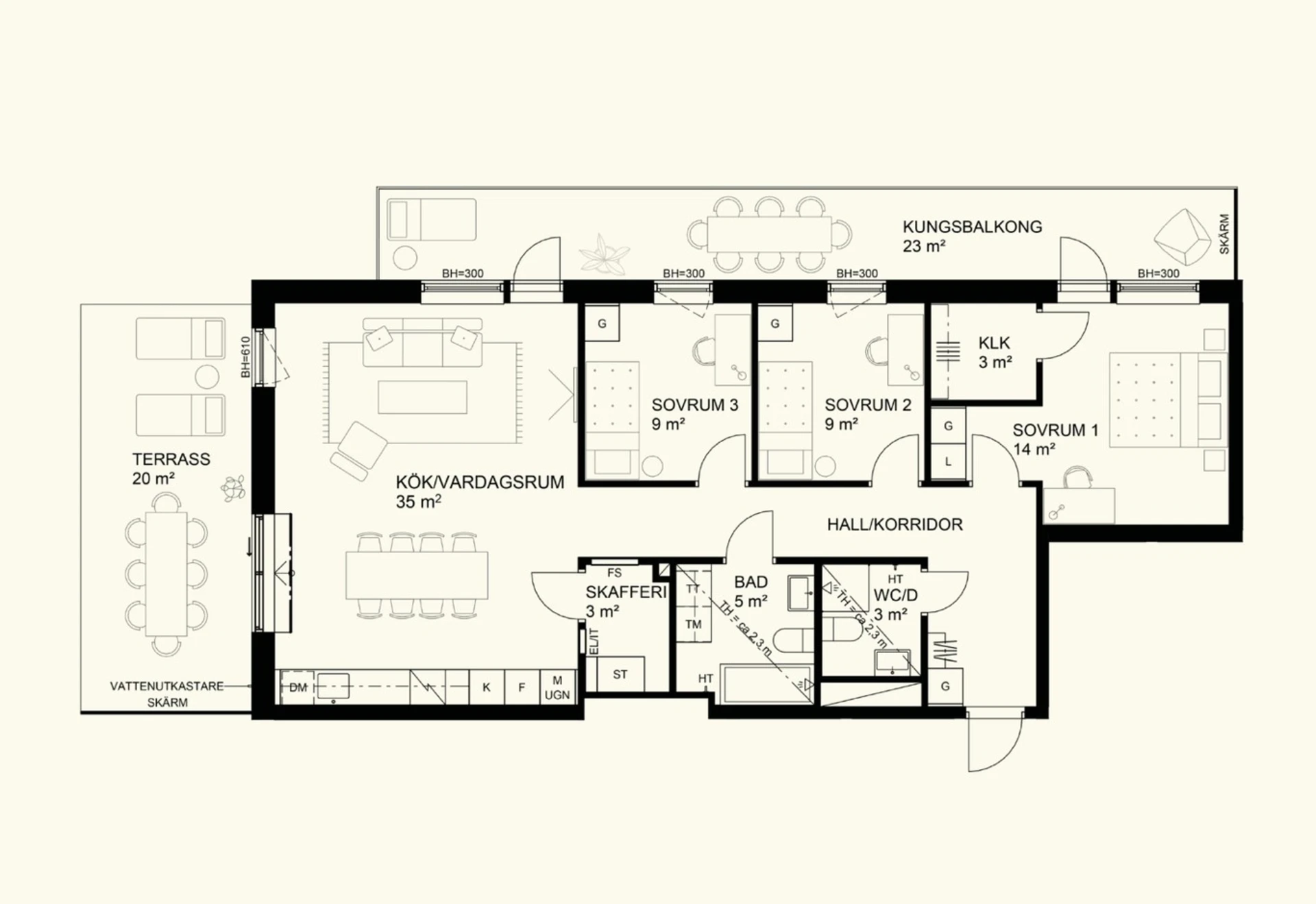 Exempel planlösning 4 rok med terrasser