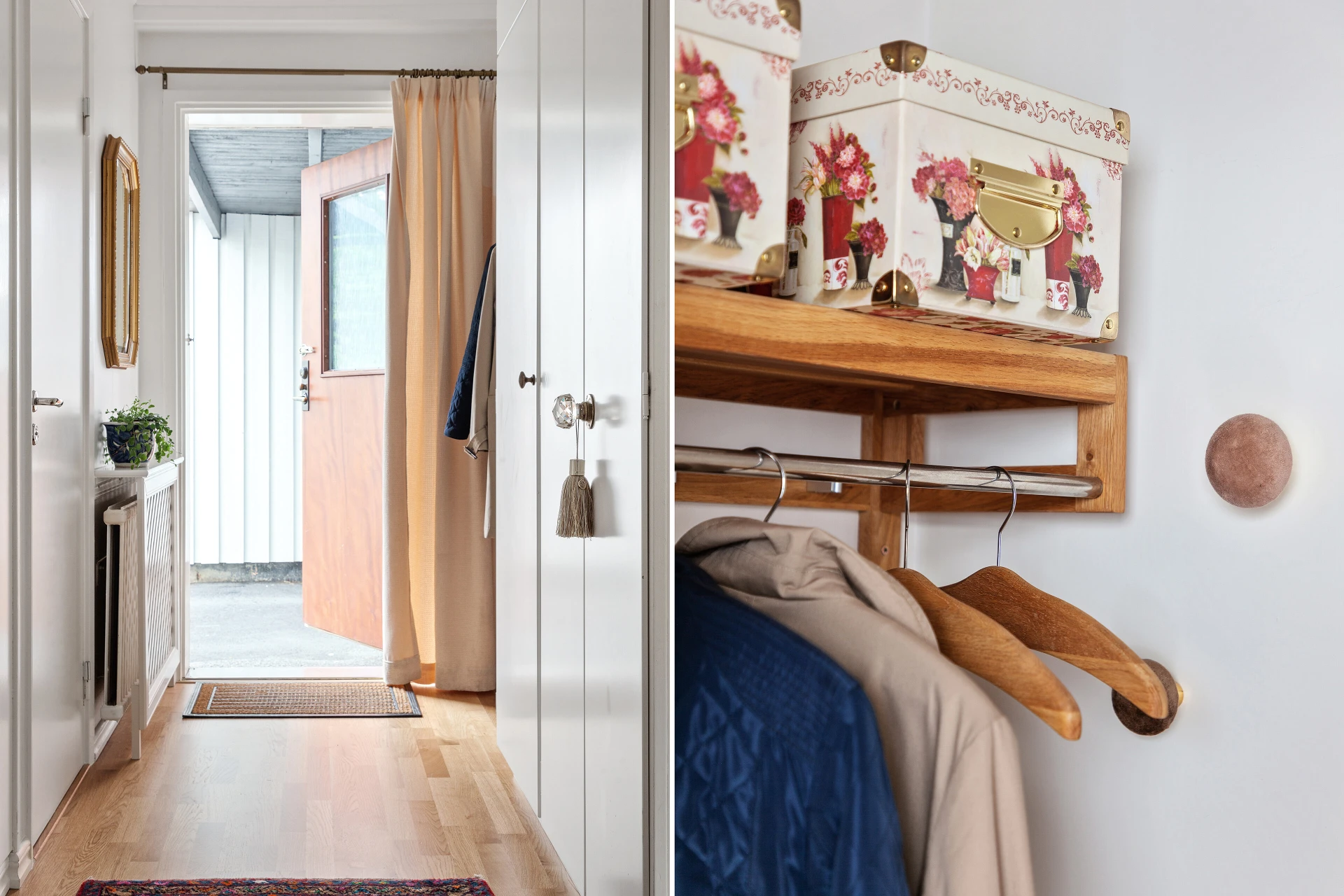 Välkomnande hall med gott om förvaringsutrymme