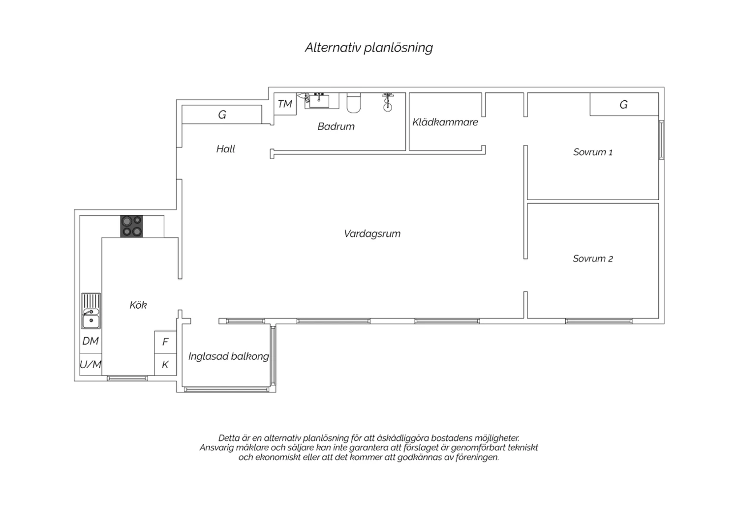 Alternativ planlösning med två sovrum