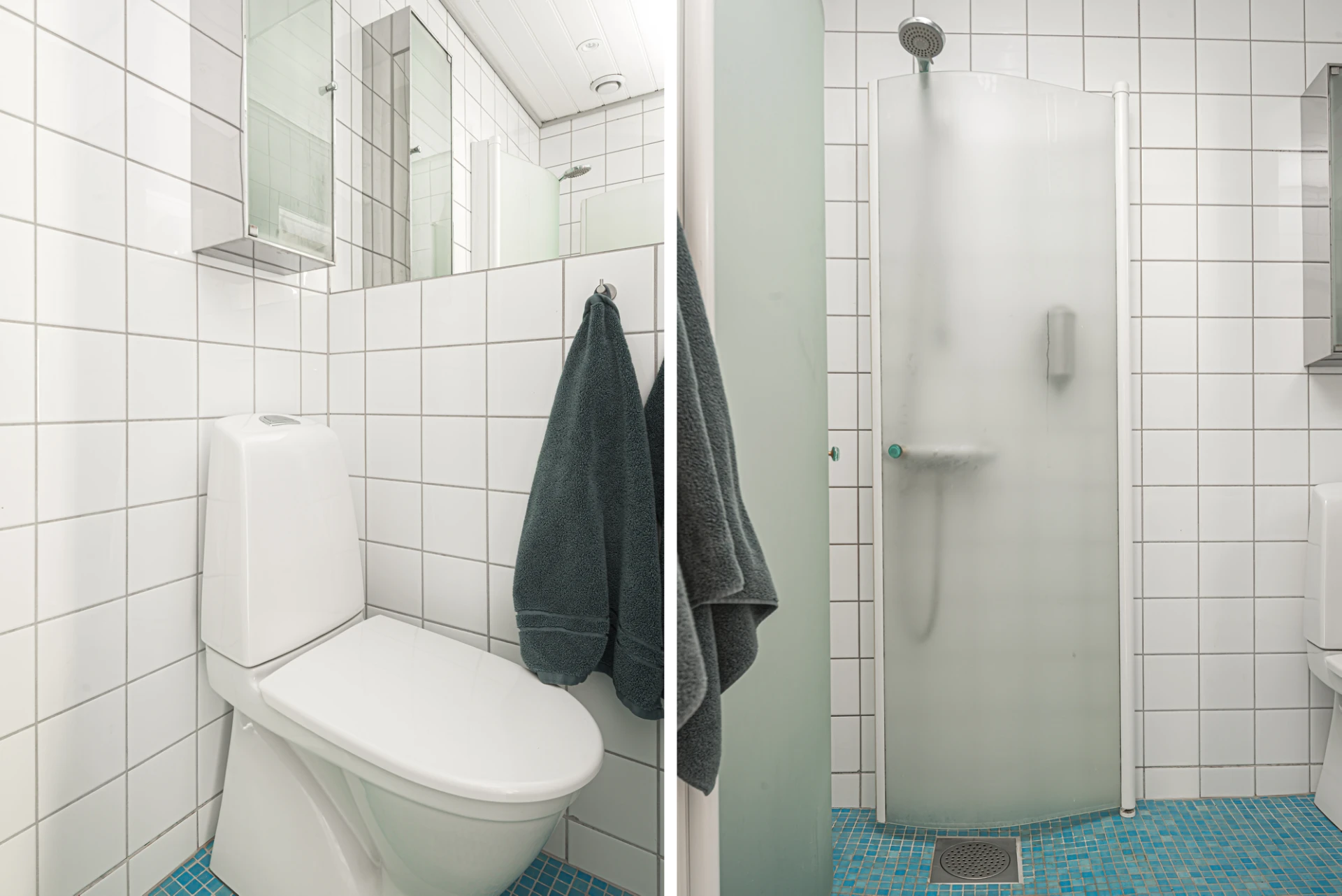 Badrum med duschplats, wc och handfat på övre plan