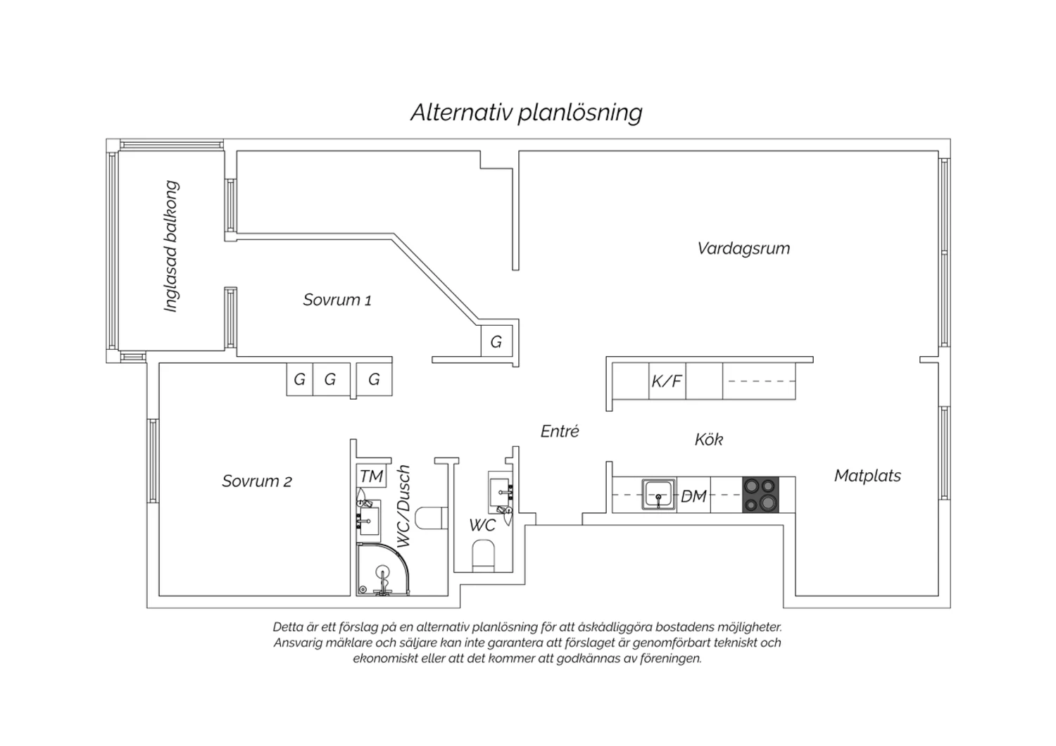 Alternativ planlösning med 3 rovrum